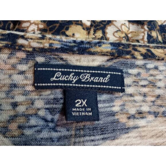 Lucky Brand Shirt Ladies 2x Navy Tan Floral 3/4 Sleeve Scoop Neck Brass Button F - Picture 6 of 8
